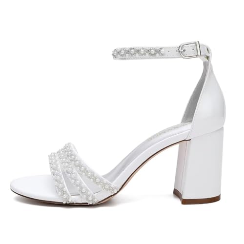 Image of White Women's Block Heel Sandal, Open Toe, Ankle Strap, Pearl Wedding Shoes for Bride, Bridesmaids, Mother of the Bride, Prom, Evening, Cocktail, Ball Gown
