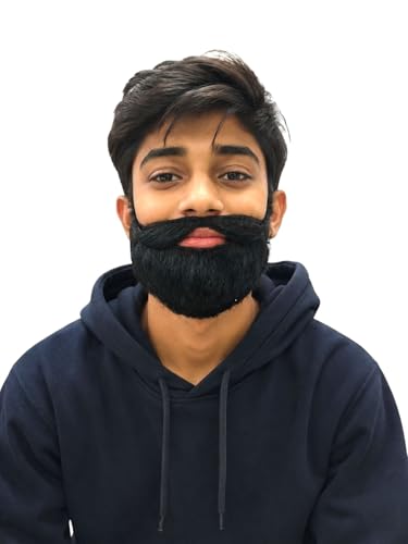 Image of BookMyCostume Realistic Black Fake Beard & Moustache Set | Sardar Look Artificial Beard with Tie String | Fancy Dress Prop for School Functions, Stage Drama & Cultural Performances | Teens & Adults