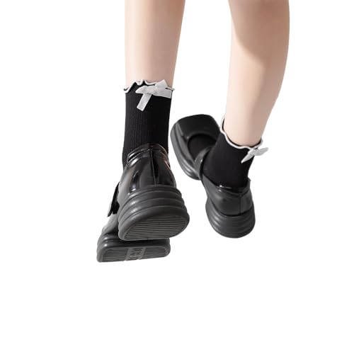 Image of Women's Cute Ankle Ruffle Socks with Bow, Soft Breathable Cotton Lace Bow Ribbed Design Socks, 5 Pairs, Size 5-10