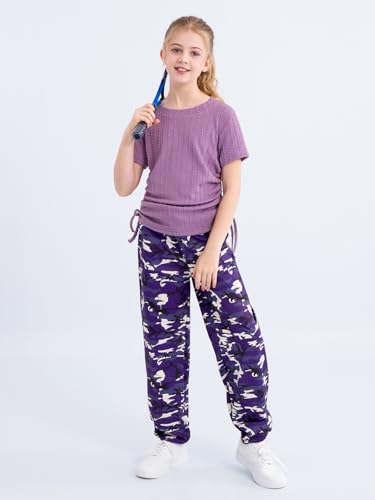 Image of ESHOO Teen Girls 2 Piece Outfits Kids Girls Ruched Drawstring Ribbed Knit Short Sleeve T Shirt Camouflage Pants Clothing Set