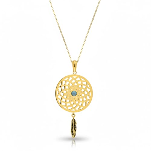 Bijouxenvogue Collar de Acero Dorado 40cm con Turquesa y Pluma Balanceante