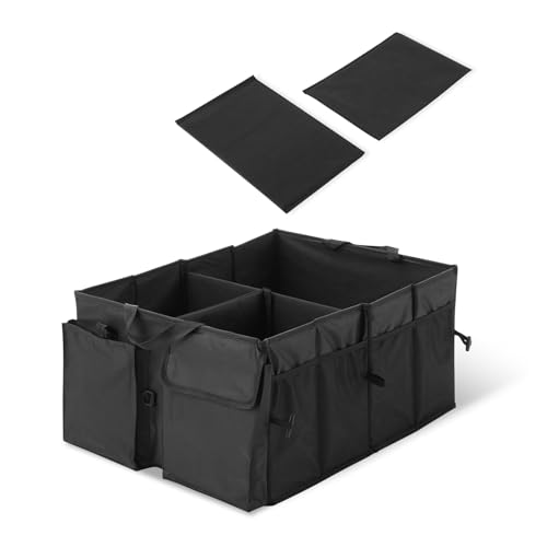 Image of Amazon Basics Car Boot Organizer with 3 Large Compartments & 8 Mesh Pockets | Foldable 600D Oxford Storage Box with Lid & Securing Straps (Black, 58x43x27 cm)