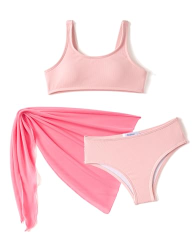 Arshiner Mädchen Bikini Set 3-teilig Sommer Dreiteiliger Badeanzuge mit Rock Mode Sunny Bademode Schwimmen Badebekleidung für Kinder 12-13 Jahre Rosa