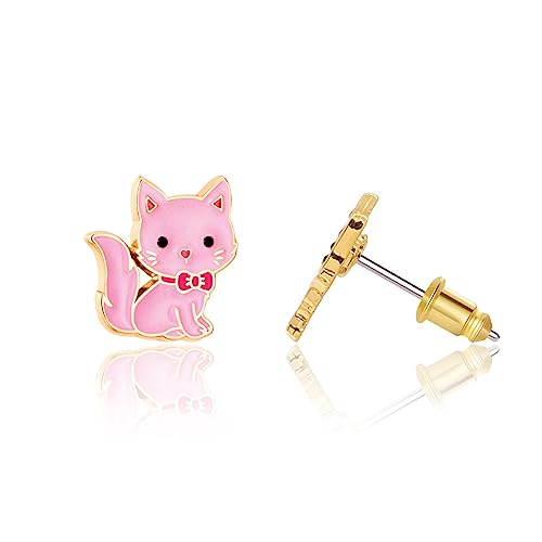 GIRL NATION Earrings for Girls Ages 5 and Up, Hypoallergenic Earrings in Pink Kitty Design2