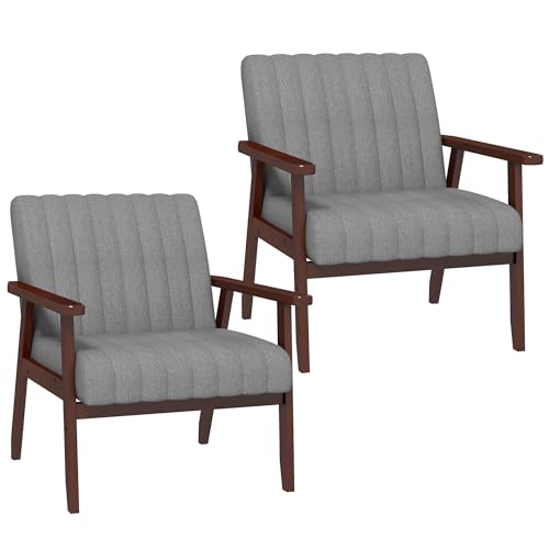 HOMCOM Fabric Accent Chairs Set of 2, Modern Tufted Armchairs for Bedroom, Living Room, Upholstered Lounge Chairs with Wood Legs, Grey