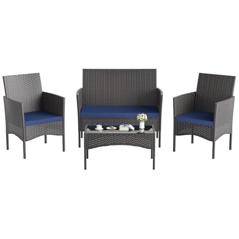 Kullavik 4 Pieces Outdoor Patio Furniture Set,PE Wicker Rattan Chairs Garden Conversation Sets with Tempered Glass Table and Soft Cushions for Lawn,Pool or Backyard,Navy Blue Cover