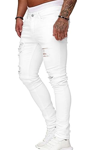 Image of HUNGSON Men's Blue Slim Fit Jeans Stretch Destroyed Ripped Skinny Jeans Side Striped Denim Pants