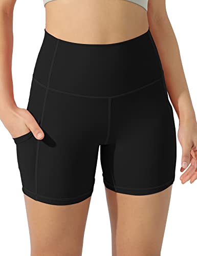 ODODOS Women's 4' High Waist Bike Shorts with Pockets Workout Sports Athletic Running Biker Yoga Shorts, Black Onyx, Small