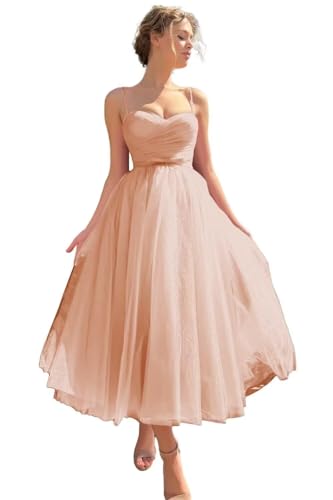 Image of A line Ruched Tulle Prom Dress Spaghetti Straps for Women, Tea Length Sweetheart Homecoming Dress Cocktail Dress