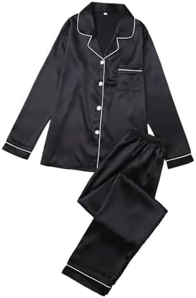 Conjunto de pijama elegante de cor sólida – blusa e calça de lape...