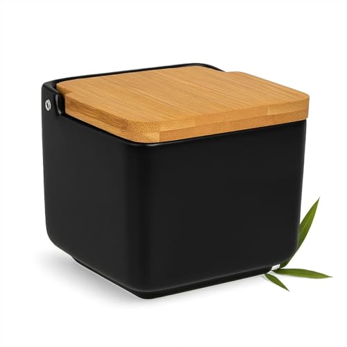 Solty - Salero de Cocina con Tapa de Bambú - Contenedor de Sal de Cerámica Negra - Diseño Moderno - Almacenamiento de Sal y Especias - Medidas 12 x 12 x 11 cm - Fácil de Limpiar