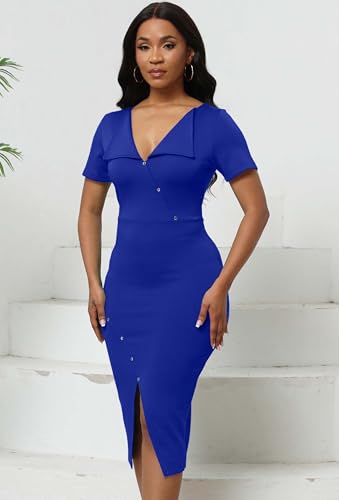 Image of Fooullaide Women's Sexy Bodycon Mid Dress Stretch Short Sleeve V Neck Cocktail Party Dresses