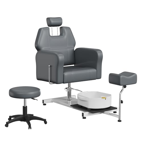 Reclining Pedicure Chair with Stool, Footrest & Massage Foot Basin, Height Adjustable Pedicure Unit Station, 360 Swivel Hydraulic Pedi Chair for Foot Bath Pedicure Chairs, Beauty Spa Salon, Gray