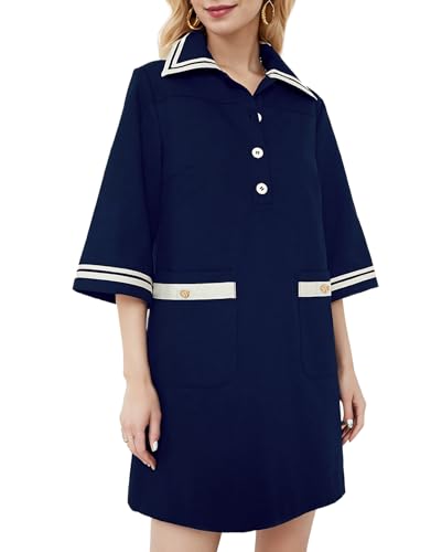 Image of Kedera Women Short Sleeves Button Shift Dress V Neck Summer Tshirt Dress with Pockets