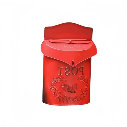 郵便ポスト 北欧風 メールボックス 宅配ボックス付き | 防水・金属製 レトロデザイン ロック可能 | 薄型壁掛けタイプ ガーデン用 | 屋外設置可 (レッド)