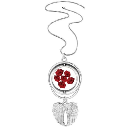Collier pendentif rose rouge et ailes d'ange aux détails ciselés