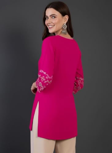 Image of MAHIRA'S Women's Short Kurti, Black Rayon Tunic Top with Embroidered Sleeves, 3 /4 Designer Sleeves