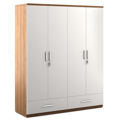Image of Spacewood Apex Wardrobe | 3 Year Warranty | Almirah, Cupboard, Almari, 4 Door Wardrobe, 3 Drawer (1 Lock Drawer) and 2 Hanging Space & 1 Internal Locker |Engineered Wood| Frosty White