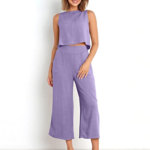 Generic Womens Summer 2 Piece Outfits Sleeveless Button Crop Tank Top High Waist Wide Leg Pant Dressy Casual Linen Lounge Set4