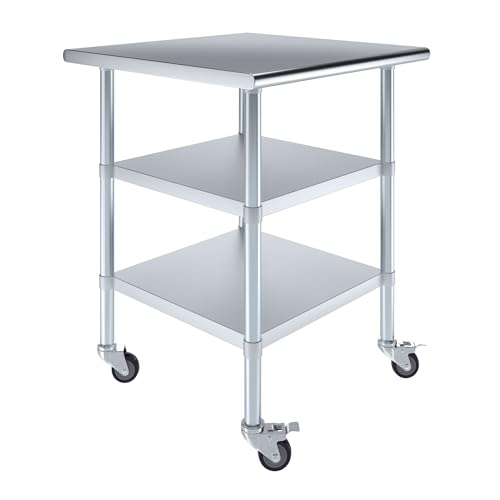 Image of AmGood Stainless Steel Work Table with 2 Shelves and Casters | Metal Utility Table On Wheels (Stainless Steel Work Table with 2 Shelves + Casters, 30 inch Long x 30 inch Deep)