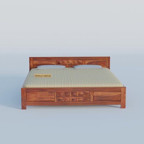 Image of Solid Sheesham Wood Queen Size Bed Without Storage | Double Bed Cot for Bedroom | Palang Double Bed for Hotels | Wooden Double cot for Living Room | Rosewood, Honey Finish