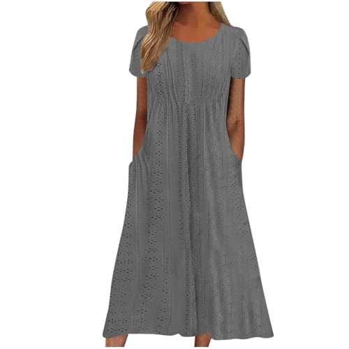 Damen Sommer Midikleid Kurzarm Lässig Strandkleid Lang Elegant Sommerkleid Knielang Tunika Kleider Luftig Leicht Shirtkleid mit Taschen Freizeitkleid...