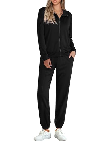 Terecey Trainingsanzug Damen Langarm Jogginganzüge Sportanzüge Atmungsaktiv 2 Teilig Hausanzug Tracksuit Bequeme Zipper Trainings-Jacke mit Taschen und Sporthose mit Bündchen, Schwarz XXL Terecey Trainingsanzug Damen Langarm Jogginganzüge Sportanzüge Atmungsaktiv 2 Teilig Hausanzug Tracksuit Bequeme Zipper Trainings-Jacke mit Taschen und Sporthose mit Bündchen, Schwarz XXL