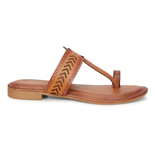 Image of Women's Kolhapuri Chappal Flats | Two-Tone Leatherette Ethnic Sandals with Toe Ring | Comfortable Handcrafted Traditional Slip-On Slippers for Ladies