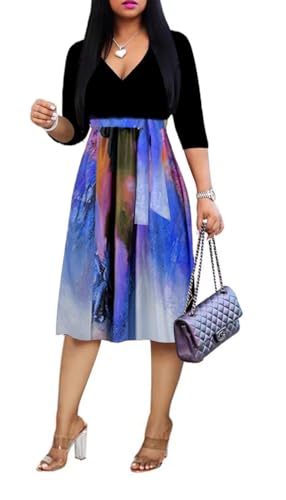 Image of Womens Plus Size Summer Dresses Sexy V Neck Midi Dress Faux Wrap Dress 3 /4 Sleeve Boho Casual Floral A-Line Skirts