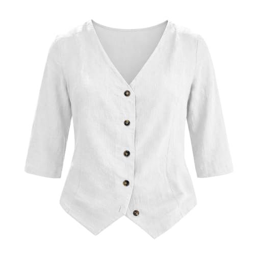 Womens 3/4 Sleeve Tops V Neck Cotton Linen Blouses Boho Tunic Tops — view 5