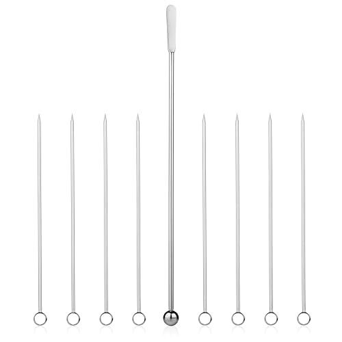 5 inch Stainless Steel Picks (set of 8) and Swizzle Stick - Ideal Olive Skewers - Will Not Drown in Your Martinis, Cocktails, and Bloody Mary