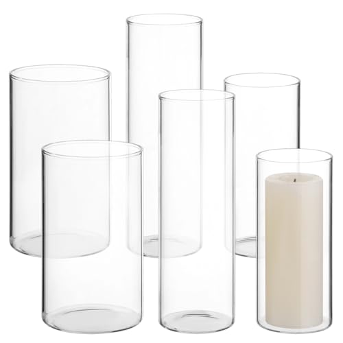6 jarrones cilíndricos elegantes para velas, soportes de cristal para huracanes, decoración transparente para el hogar, portavelas blancos resistentes al viento, estilo minimalista contemporáneo