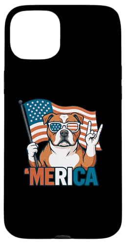 アメリカンスタッフォードシャーテリア アメリカ国旗 7月4日 犬 スマホケース iPhone 15 Plus 用