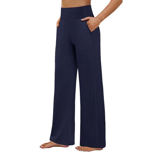 FireSwan Yoga Pants Women Wide Leg Pants High Waist Stretch Dress Loose Casual Lounge Sweatpants with Pockets Navy