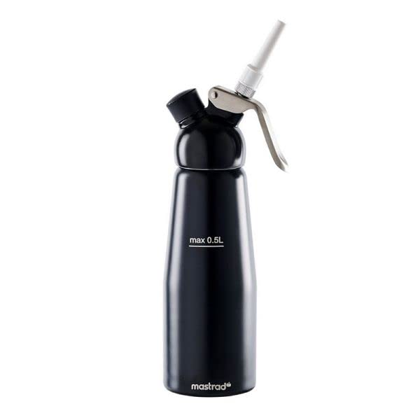 Siphon MASTRAD 0,5 L Sauces Crèmes Chantilly Mousses Chaudes Ou Froides – Tête Démontable – Aluminium Noir Ultra Résistant – Ergonomique – Livré avec 3 Embouts & Brosse De Nettoyage (Noir)