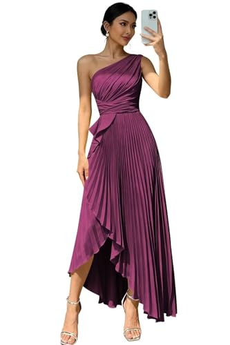 Gricharim A-Line One Shoulder Mulberry Bridesmaid Dresses for Women Long High Low Pleated Satin Formal Dress Size 2