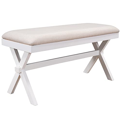 Ymlpre Linen Upholstered Ottoman Bench 37.8 Inch Contemporary End Of Bed Bench With Wood X Leg, Long Couch Bench For Entryway Dining Room Living Room Bedroom, White #TOP9