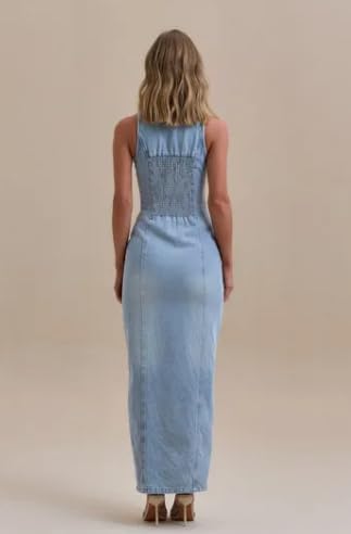 Womens Summer Casual Button Down Maxi Denim Dress V Neck Sleeveless Sexy Bodycon Long Jean Dresses - Image 3