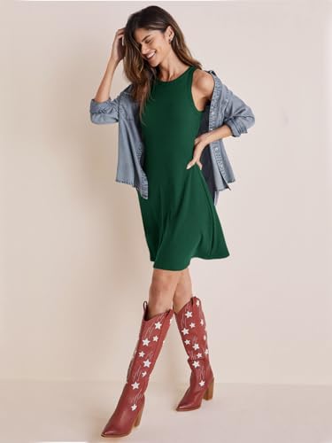 Image of Wenrine Womens Summer Casual Tank Dress Ribbed Knit Sleeveless Crewneck A Line Mini Dresses