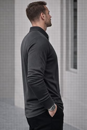 Image of Mack Jonney Men's Premium Ribbed Half-Zip Polo T-Shirt | Long Sleeve Soft Stretch Fabric | Stylish Casual & Smart Wear Top-M6783
