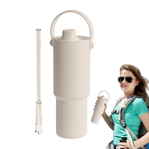 Taza de de viaje, taza deportiva de 735 ml con asa y pajita, bebida al vacío portátil a prueba de fugas, uso en oficina o al aire libre, ideal para mujeres y hombres para bebidas frías o caliente
