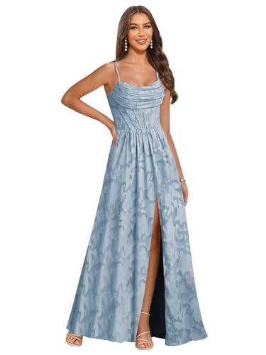 Jacquard Chiffon Bridesmaid Dresses with Slit Spaghetti Straps Ruched Cowl Long Aline Wedding Guest Dress