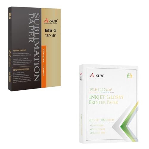 A-SUB Sublimation Paper 13x19 Inch 110 Sheets 125g and Glossy Thin Printer Paper 8.5x11 Inch 30lb for DIY Chip Bags 100 Sheets