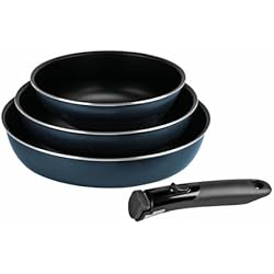 Sartenes Apilables Sitram 714253 - Juego de 3 sartenes (aluminio prensado, 20/24/28 cm, revestimiento interior antiadherente, 2 capas, color azul metálico mate, mango extraíble SITRAMOVIBLE, todos los fuegos, incluida