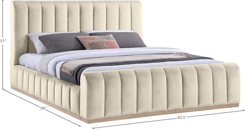 Image of Meridian Furniture AmaraCream-K Collection Modern | Contemporary King Bed, Ultra Luxe Cream 460 GSM Velvet, Natural Finish, Solid Wood Base and Inner Frame, 82.5 inch W x 99 inch D x 51 inch H, Cream, King