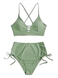 Picture of ZAFUL Women's Criss Cross High Waist Bikini Cinched Tie Two Piece Tankini Solid Padded Swimsuit Light Green S