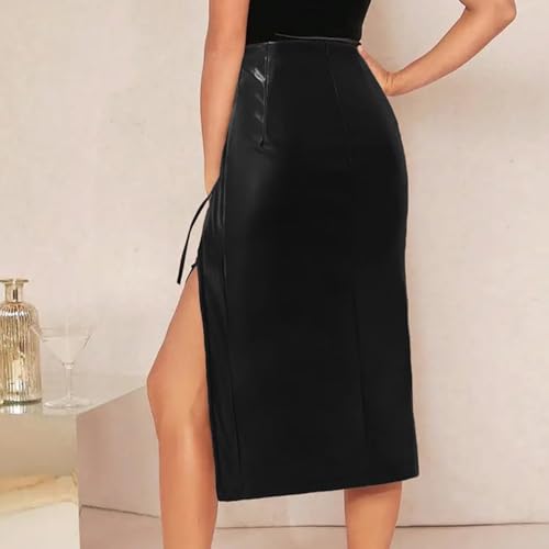 Women's High Waist Faux Leather Pencil Skirts Casual Asymmetrical Side Slit Work Going Out Bodycon Midi Skirt3