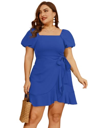 Image of Sampeel Womens Summer Dresses Square Neck Puff Sleeve Tie Waist Short Dress