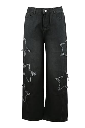 Womens Baggy Jeans High Waisted Star Torn Patch Teen Girls Y2k Grunge Street Straight Leg Denim4