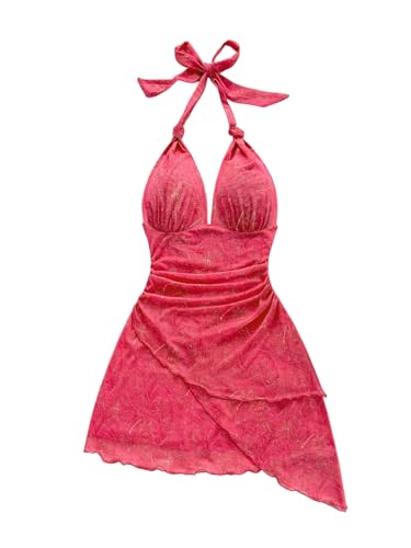 Image of SOLY HUX Women's Y2K Summer Beach Halter Mini Dress | Retro Floral Dress, V Neck, Backless, Club Nightout, Sexy Going Out Clothes, Birthday Dress